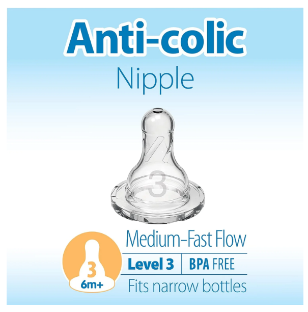 Dr. Brown's Natural Flow Anti-colic Nipple, Narrow Baby Bottle Nipple, 6m+ Medium-Fast Flow, Level 3, 100% Silicone