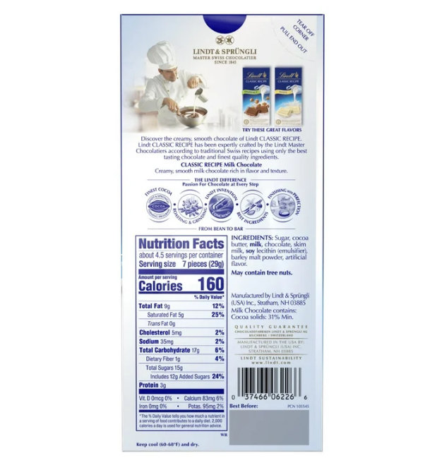 Lindt Classic Recipe Milk Chocolate Bar 4.4 oz - Milk