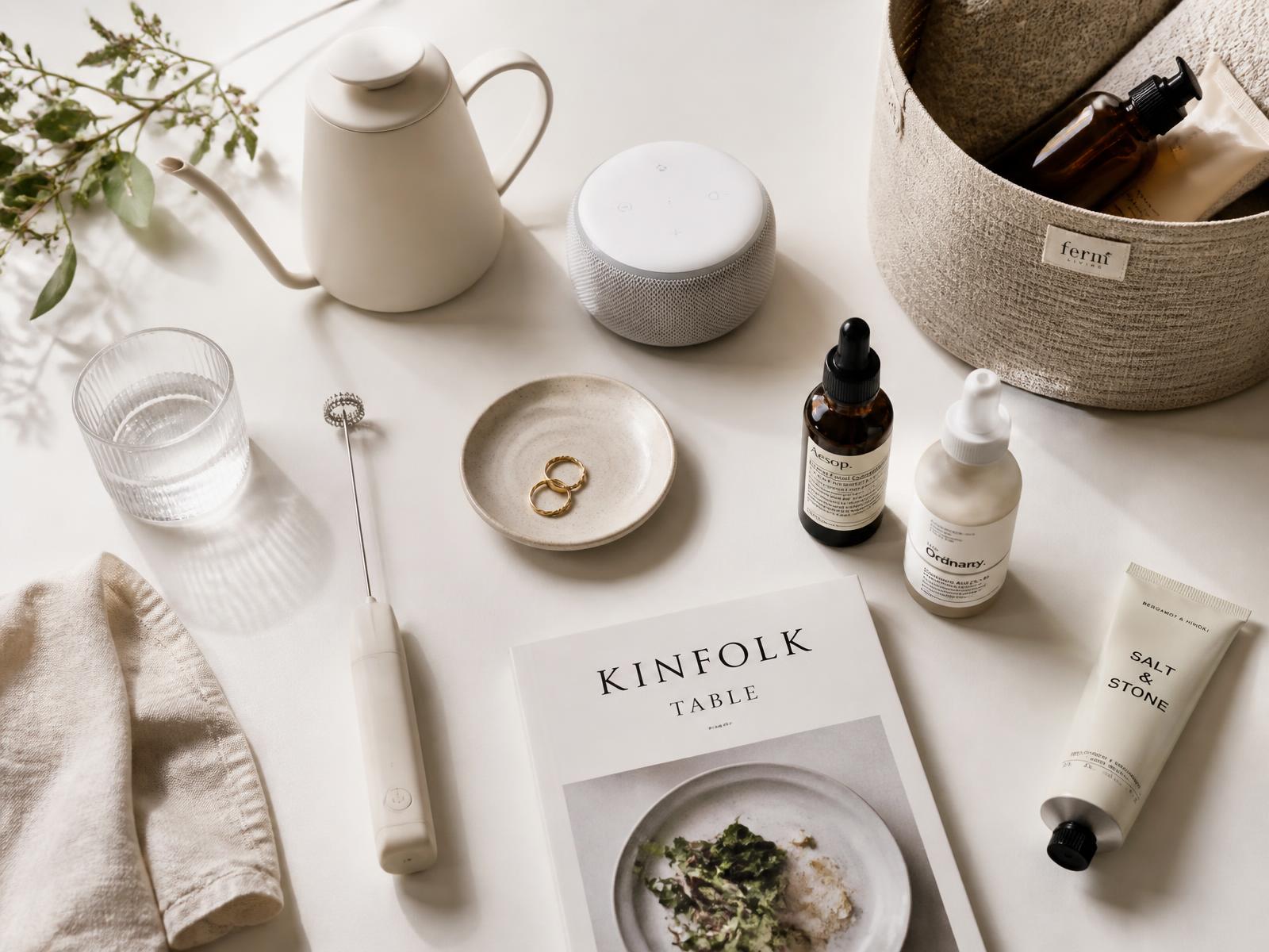 Collage of curated lifestyle products including a kettle, smart speaker and skincare