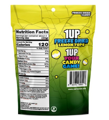 1UP Freeze Dried Lemon Tops Tangy Candy Resealable Bag 4.2 oz