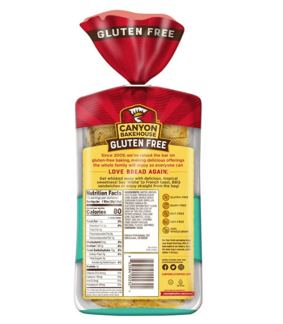 Canyon Bakehouse Gluten Free 100% Whole Grain Bread Hawaiian Sweet Fresh Loaf 15 oz