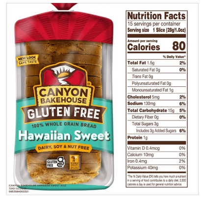 Canyon Bakehouse Gluten Free 100% Whole Grain Bread Hawaiian Sweet Fresh Loaf 15 oz