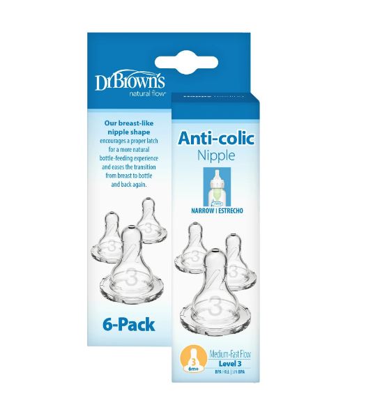 Dr. Brown's Natural Flow Anti-colic Nipple, Narrow Baby Bottle Nipple, 6m+ Medium-Fast Flow, Level 3, 100% Silicone