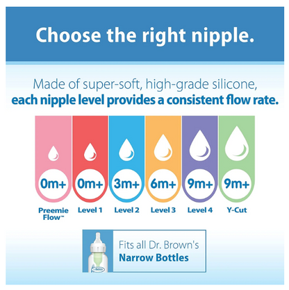 Dr. Brown's Natural Flow Anti-colic Nipple, Narrow Baby Bottle Nipple, 6m+ Medium-Fast Flow, Level 3, 100% Silicone