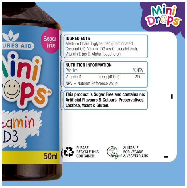 NATURES AID Mini Drops Vitamin D3 For Bone & Teeth Support 50ml (Newborn To 5 Years Old)