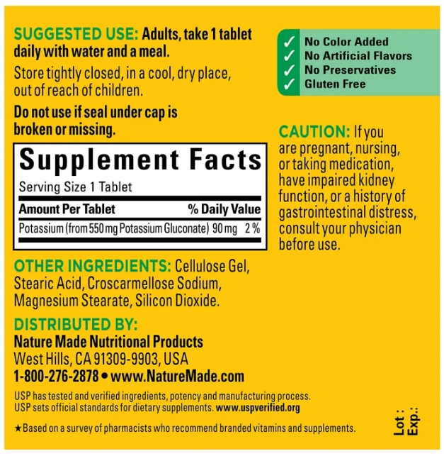 NatureMade Potassium Gluconate Tablets 500mg (100 Tablets)
