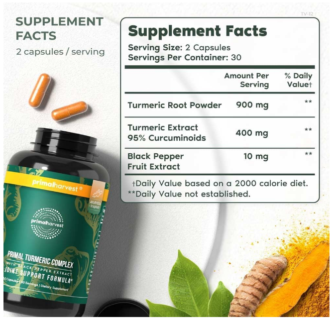 PrimalHarvest Turmeric Complex With Black Pepper Extract For Joint Health And Mobility Dietary Supplement (60 Capsules)