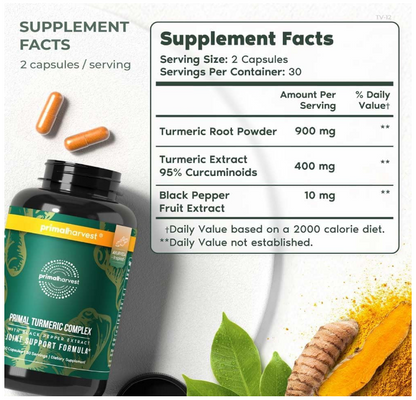 PrimalHarvest Turmeric Complex With Black Pepper Extract For Joint Health And Mobility Dietary Supplement (60 Capsules)
