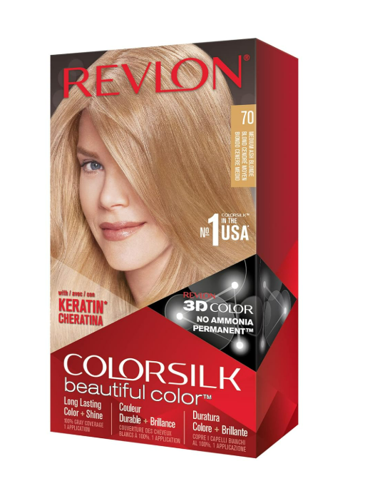 REVLON ColorSilk Beautiful Color Permanent Hair Dye 4.4 oz - 70, Medium Ash Blonde