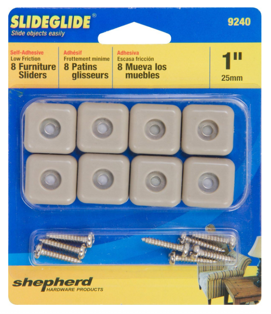 Shepherd Hardware Products 9240 1-Inch Square Adhesive, Slide Glide Furniture Sliders - Tan (8-Pack)