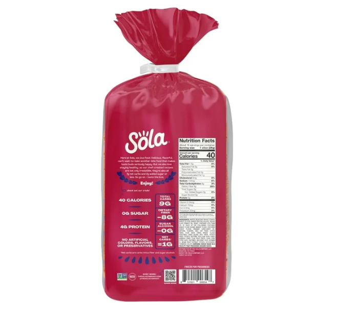 Sola Sweet & Buttery Soft White Bread Sliced Bread 1g Net Carbs Per 1 Slice 14 oz