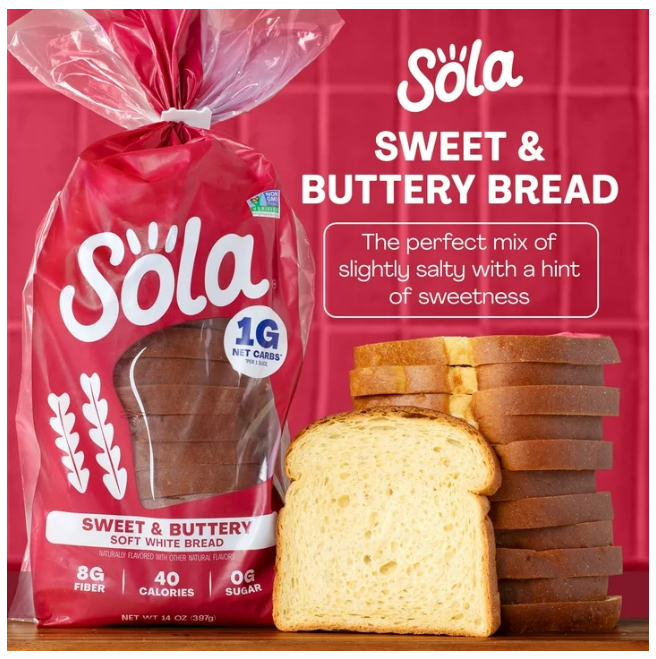 Sola Sweet & Buttery Soft White Bread Sliced Bread 1g Net Carbs Per 1 Slice 14 oz