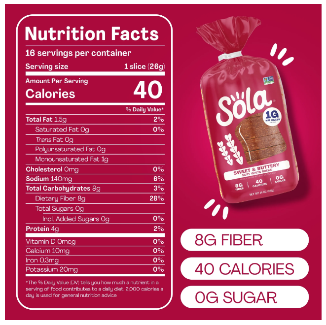 Sola Sweet & Buttery Soft White Bread Sliced Bread 1g Net Carbs Per 1 Slice 14 oz