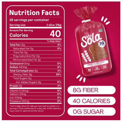 Sola Sweet & Buttery Soft White Bread Sliced Bread 1g Net Carbs Per 1 Slice 14 oz